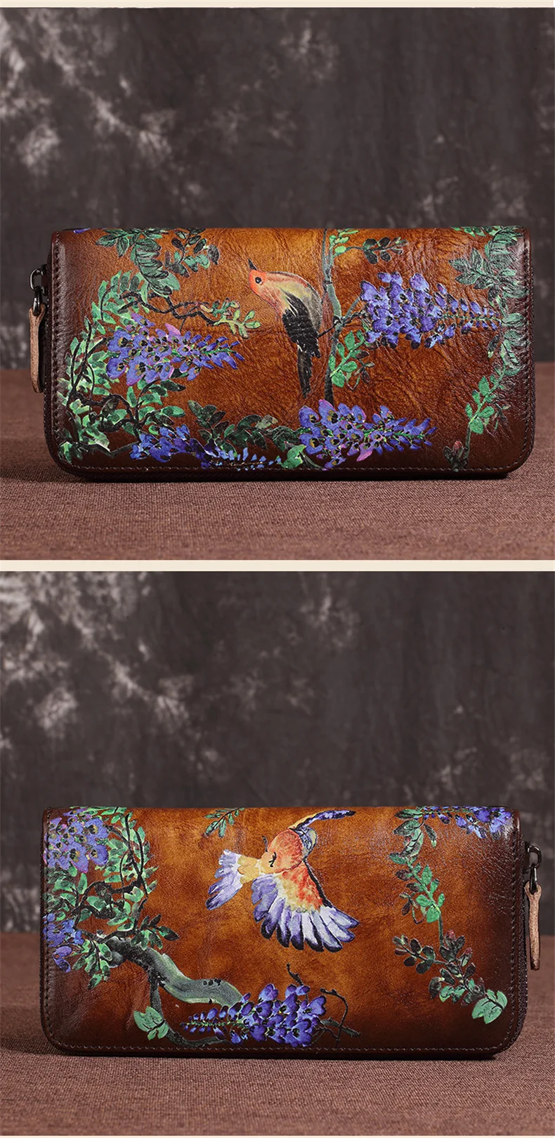 SOUTH GOOSE Genuine Leather Women Wallet Luxury Long Purse Birds Embossing Clutch Bag High Quality Female Card Holder Phone Bag