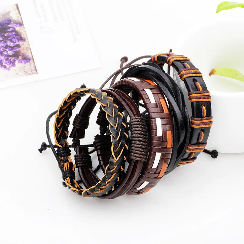 5pcs/set hippie punk black brown orange braiding leather band cord wrap multi layers bracelets bangles set for man | Украшения и