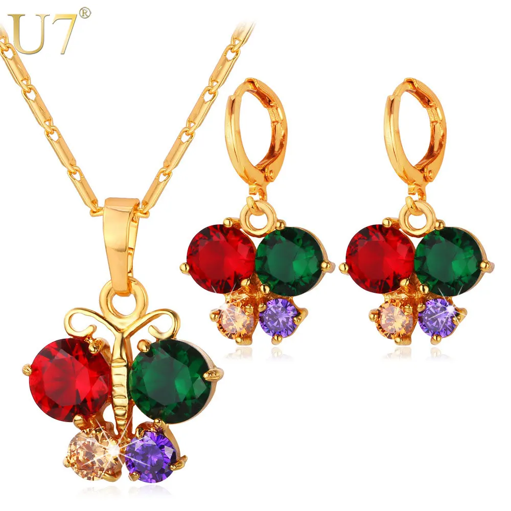 U7 Бабочка Ожерелье Серьги Для Женщин Ювелирные Комплекты Позолоченные Цветные
