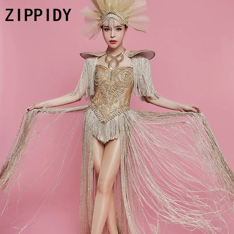 Sparkly Gold Rhinestones Long Tassel Bodysuit Headdress DJ Female Singer Nightclub Bar Team Show Outfit Birthday Party Clothing