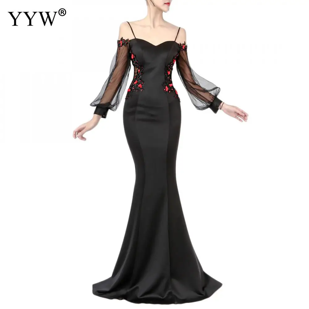 Женское вечернее платье с открытыми плечами черное облегающее платье-Русалка