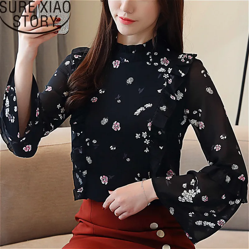 Мода 2019 новинки женские топы шифоновая блузка с цветами и рукавами рубашки