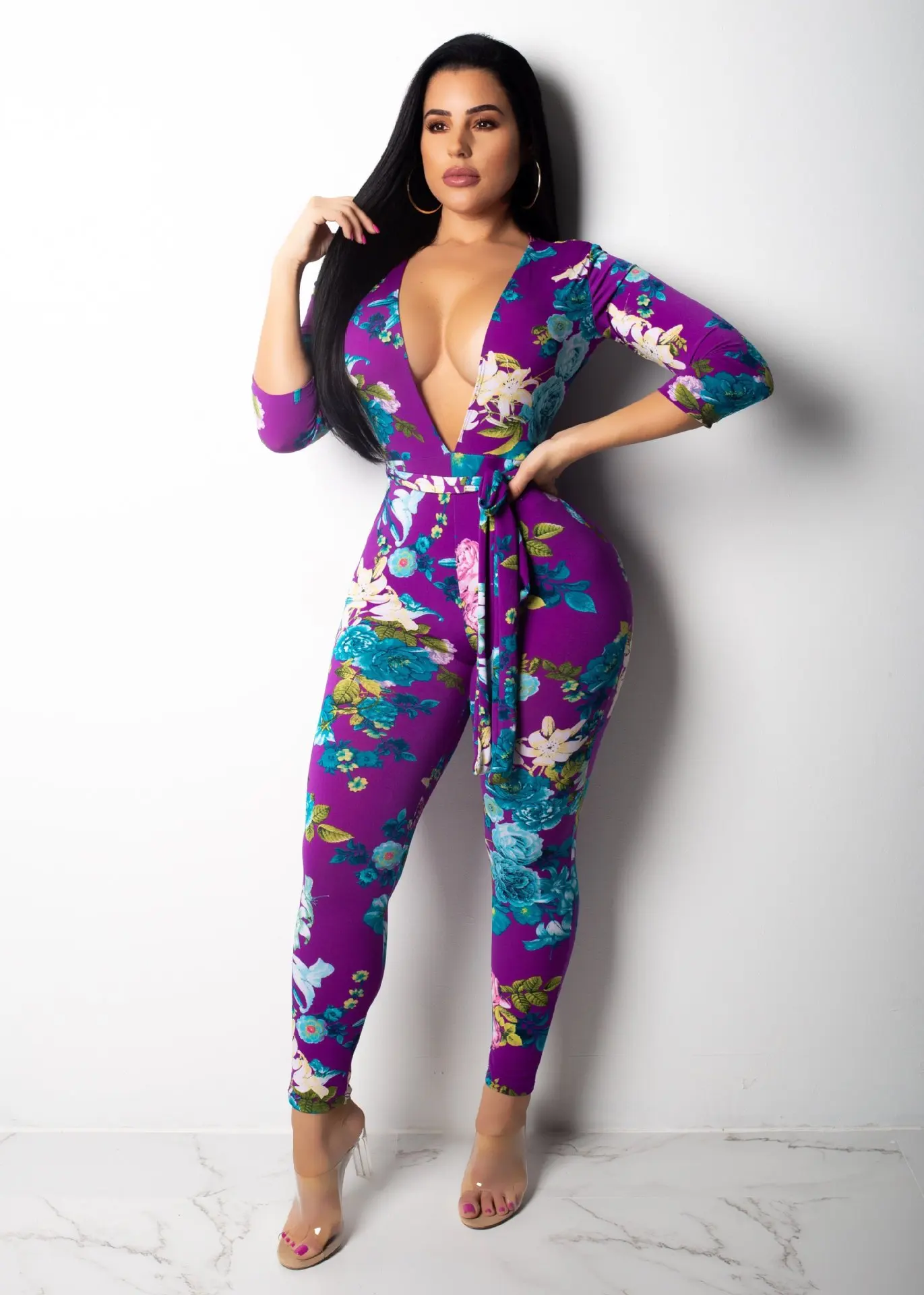 Fashion Women Summer Purple Floral Print Jumpsuit Long Sleeve Deep V-neck Sashes Party Jumpsuits Plus Size | Женская одежда