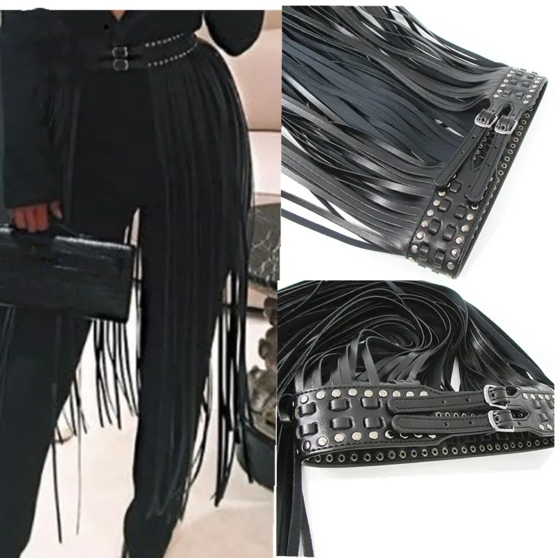 Women black leather PU wide belt for dress and jeans trouser chic punk tassel waistband adjustable rivets wide belt