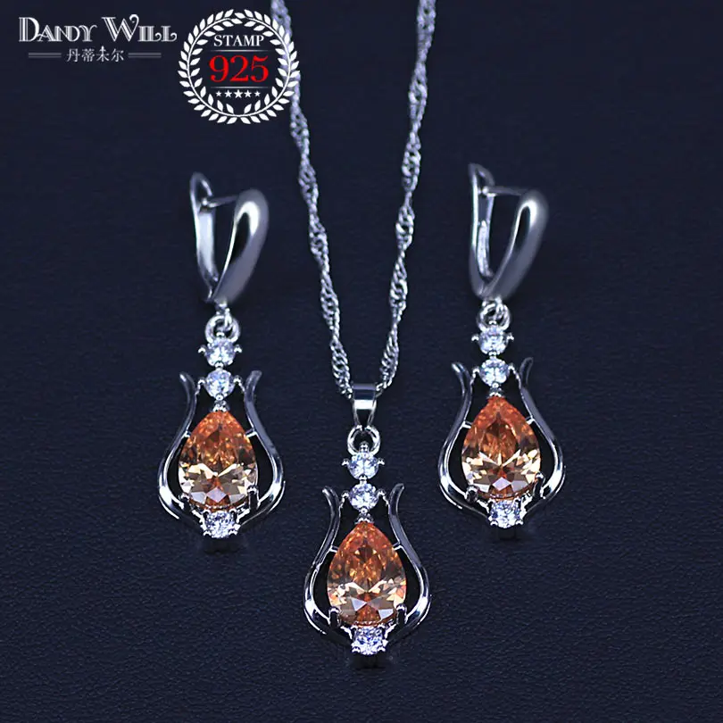 Jewelry Sets Продвижение 7 цветов груша кристалл кулон ожерелье серьги набор 925 пробы серебро элегантный ювелирный набор для женщин подарки на день святого валентина - Окраска металла: Jewelry Sets