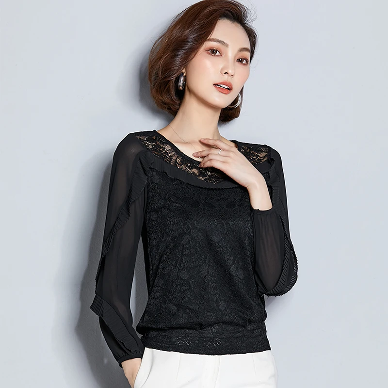 Lace Blouses Women Ruffled Loose Casual Shirts Woman Black Pink Tops Femme Blusas Plus Size 3XL Ladies Summer O-neck | Женская одежда