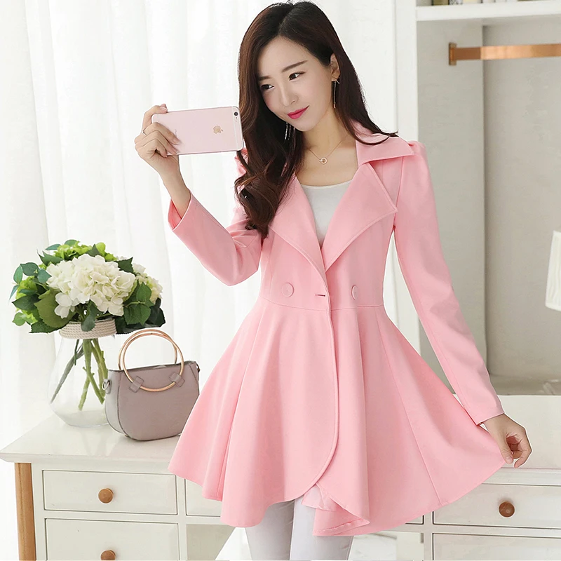 Женское длинное пальто на одной пуговице приталенное с воротником весна-осень 2019