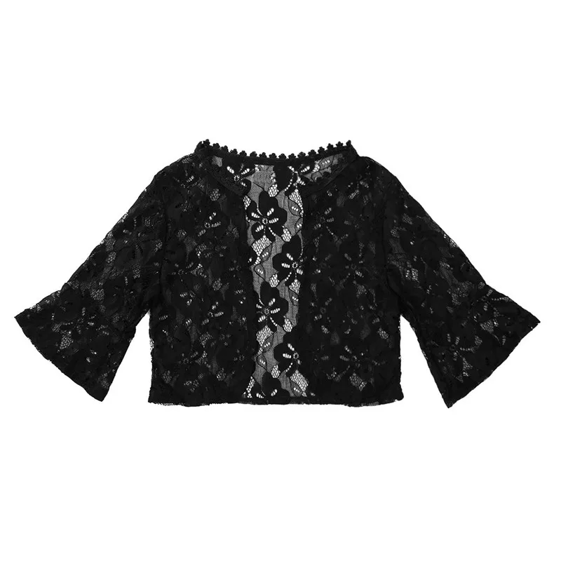 Black Женская мода, рукав-колокол, открытая передняя часть, Прозрачное цветочное кружевное болеро, шаль-болеро, Свадебный кардиган, топ для свадебного платья, накидка - Цвет: Black