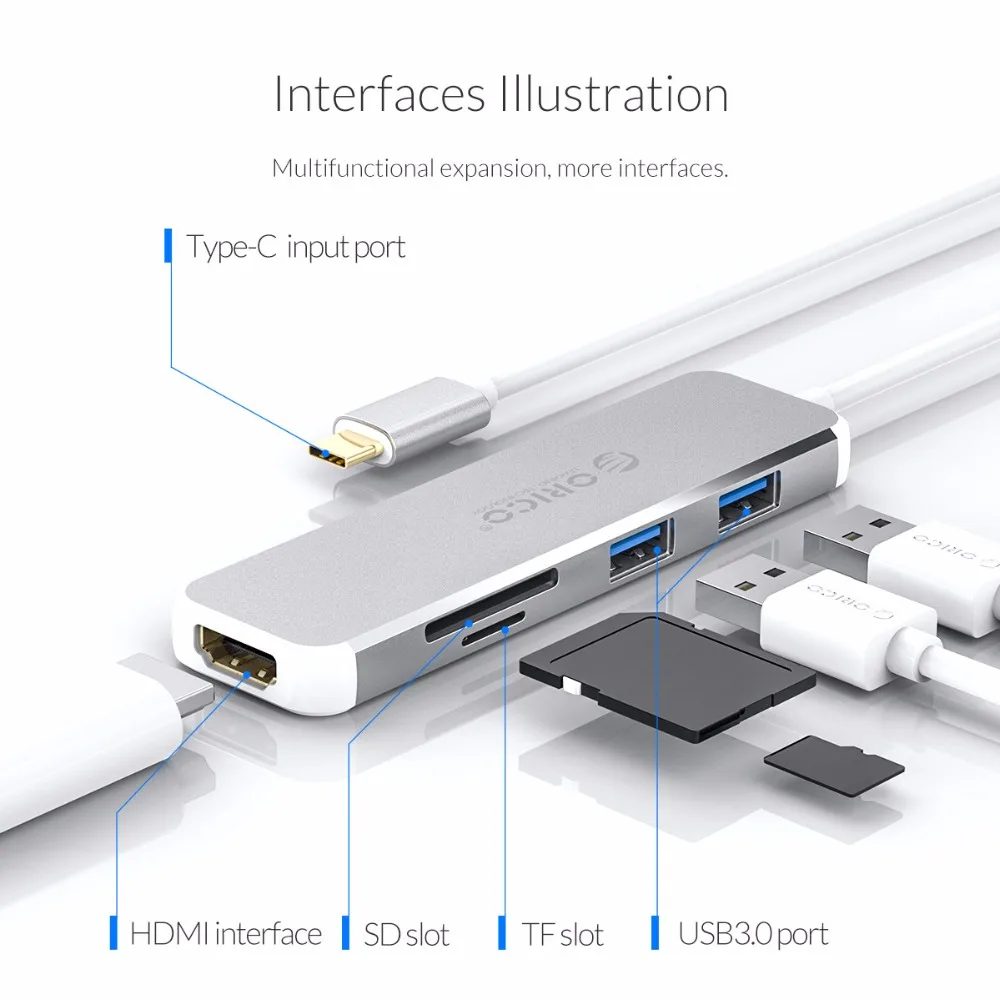USB-Концентратор ORICO с USB C на HDMI автомобильный адаптер VGA TF SD для MacBook Samsung Galaxy S10 Huawei
