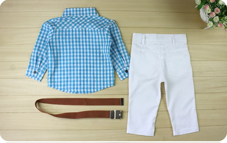 Красивый комплект одежды для мальчиков 2017 синяя клетчатая рубашка с длинным