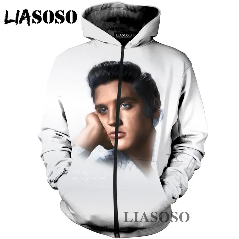 LIASOSO зима Harajuku Мужская и Женская толстовка на молнии с 3D принтом Elvis Presley пальто
