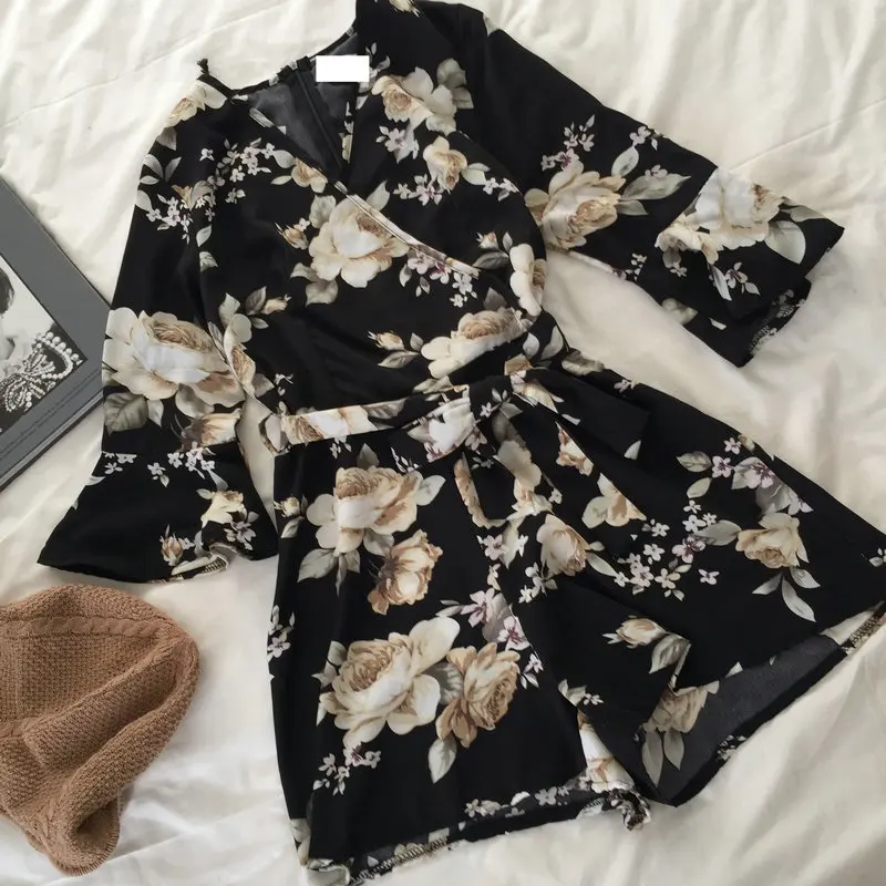 Цветочный принт шифон v-образным вырезом офисный костюм прямые Повседневное Playsuit