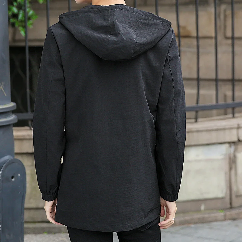 Мужская ветрозащитная куртка на молнии черная или серая длинная с капюшоном и