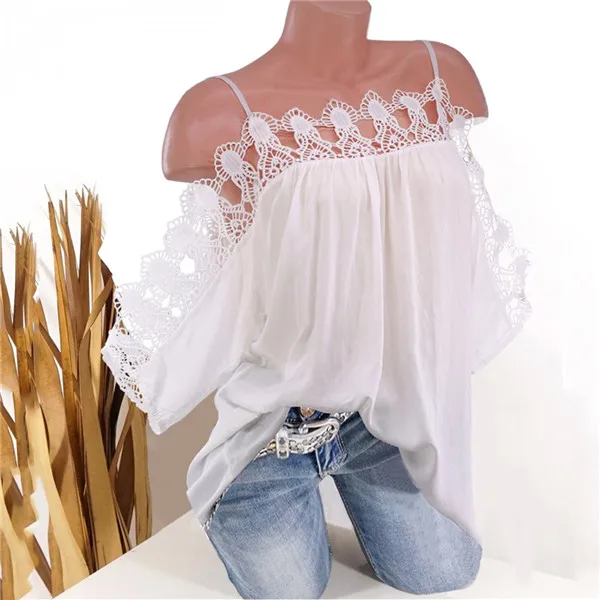 white Новые женские топы, большие размеры, цветочный кружевной короткий рукав, однотонный летний топ на бретельках с открытыми плечами, женский хит, PT5 - Цвет: white