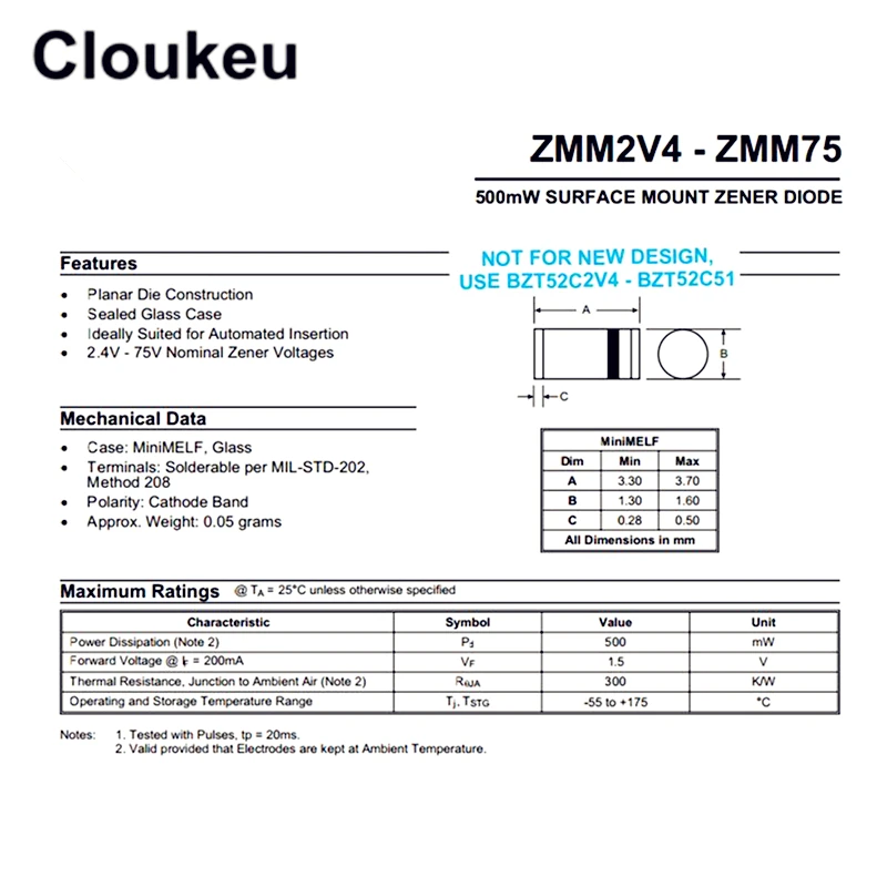 

50pcs ZMM9V1 9.1V 0.5W 1/2W LL-34 1206