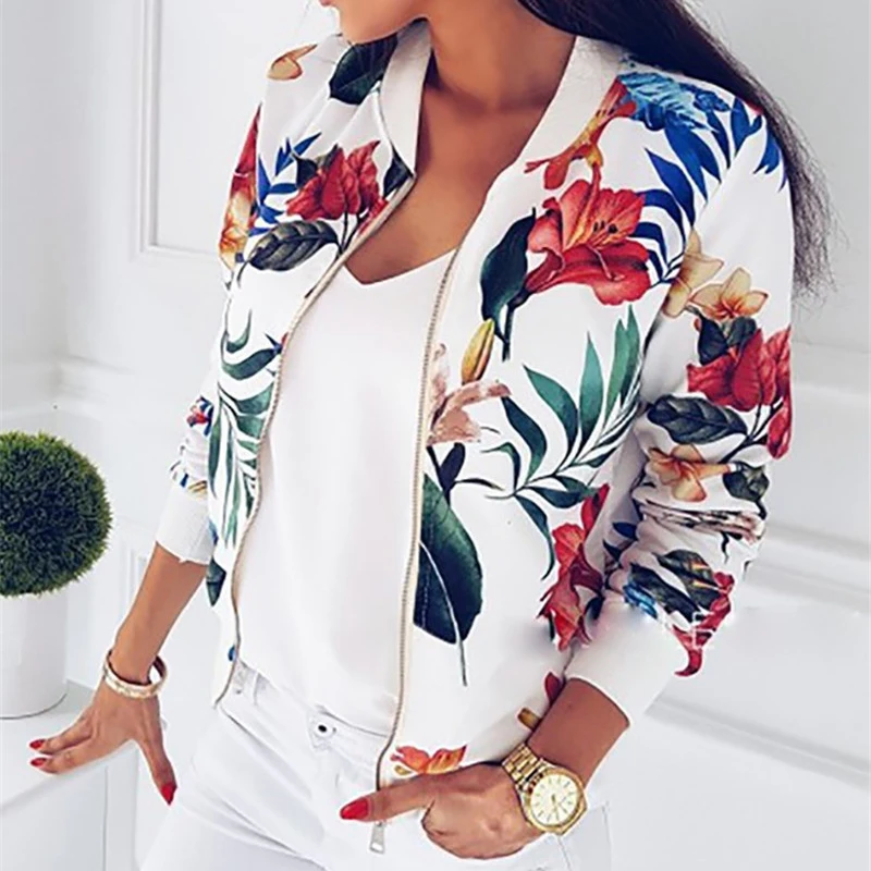 

2019 Women Short Jacket Floral Print Long Sleeve Zipper Bomber Jackets Autumn Casual Basic Coats Female Biker Outwear Tops R599
