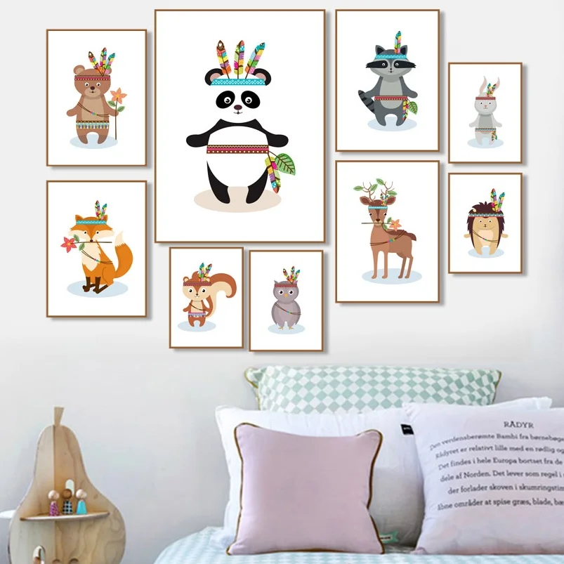 

Fox Panda Hedgehog Sika Deer Rabbit Owl Wall Art Canvas Painting Nordic Posters And Prints Cartoon Wall Pictures Kids Room Decor