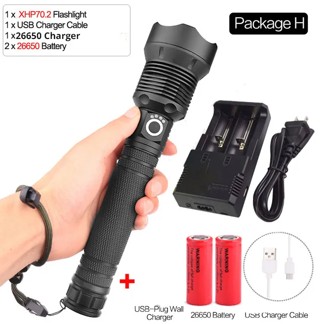 Package H Супер яркая лампа xhp70.2 самый мощный фонарик usb Zoom СВЕТОДИОДНЫЙ Фонарь xhp70 xhp50 18650 или 26650 батарея лучший кемпинг, Велоспорт - Испускаемый цвет: Package H