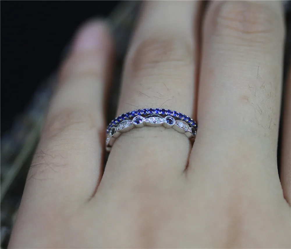 

DUPUY 14K White Gold Art Deco Full Eternity Sapphire Diamond Wedding Ring Set&Elegant Half Pave Sapphire Match Band Bridal Sets