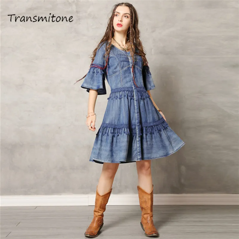

100% Cotton Summer Tassels Dress 2019 Vintage Denim Women Dresses O-Neck Single Breasted Flare Sleeve Woman Vestidos Femininos