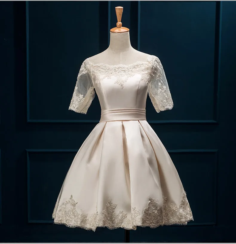 Женское короткое вечернее платье SSYFashion, роскошное атласное платье с кружевной вышивкой и коротким рукавом, А-силуэт, вырез лодочкой, элегантное бальное платье для свадебных торжеств и выпускных вечеринок - Цвет: Шампанское