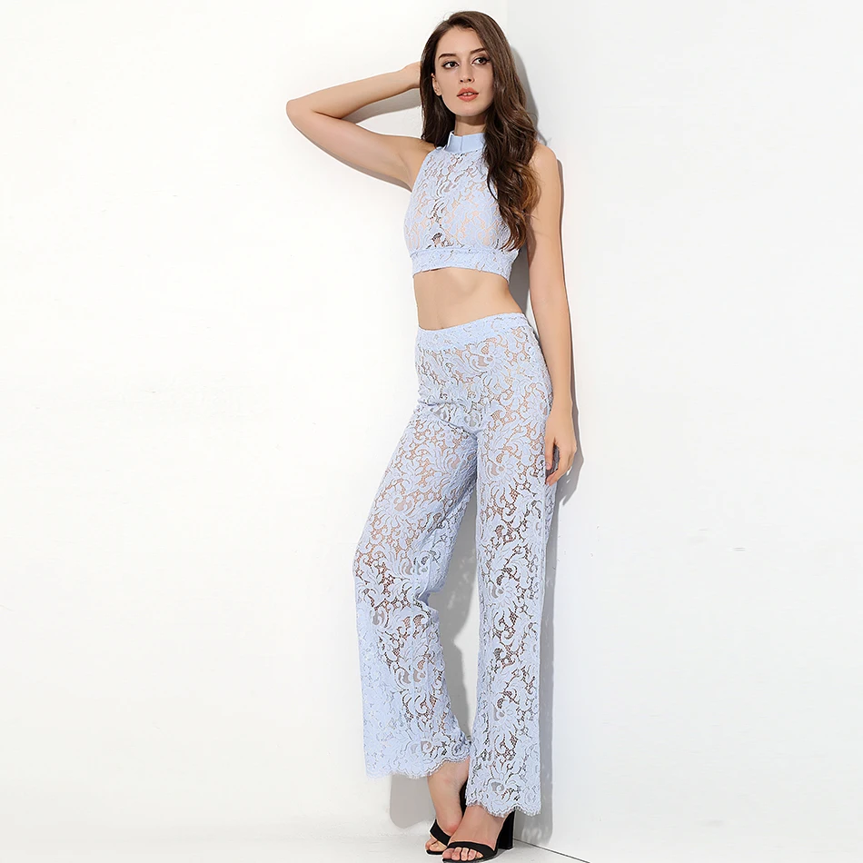 2021 Summer Sexy Light Blue High Neck Lace 2 Two Piece Set Pantsuit Women Hollow Out Party Loose Long Pants &amp Crop Top Dropship | Женская