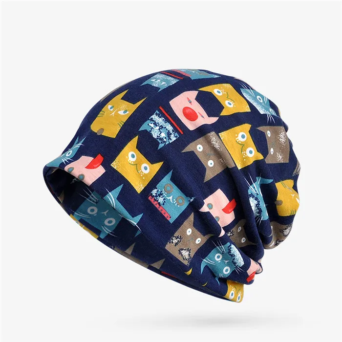 blue Осень Зима Skullies шапочки конский хвост шапки Теплый тюрбан шапка женская мода милый Принт кошки шарф женский шейный шарф шапка двойного назначения - Цвет: blue