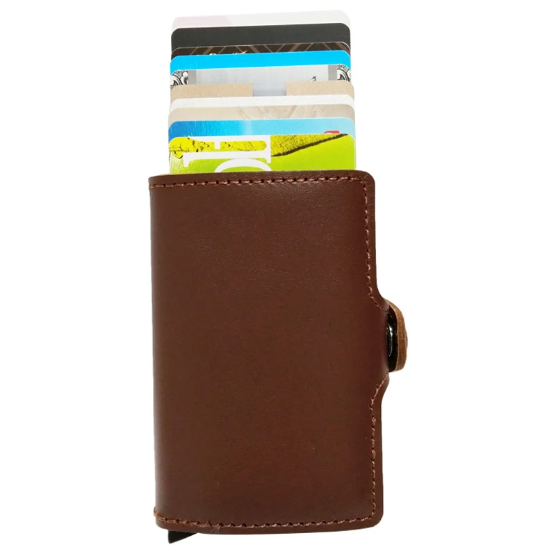 VM FASHION KISS Genuine Leather Double Aluminum Box RFID Safe Card Wallet Credit Card Information Anti-theft Brush Card Holder