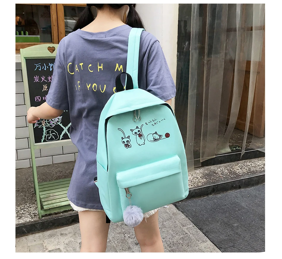 4Pcs/Set Travel Casual Oxford Letter Backpack Preppy Style Cute School Bags For Teenage Girls Women Cat Book Bag Rucksack Dame
