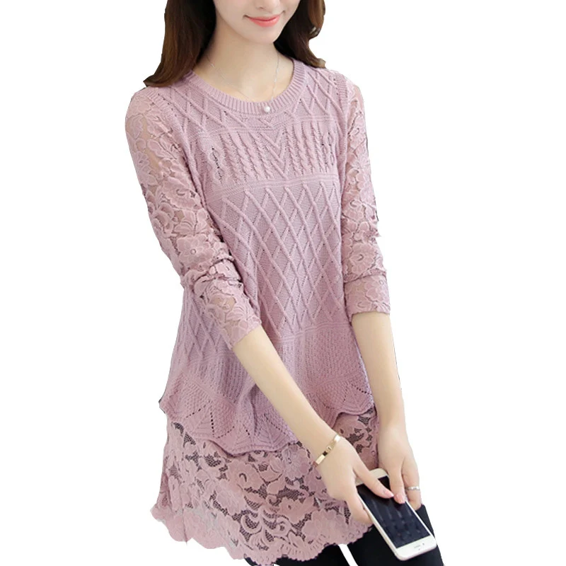 

Women's Sweater 2019 Spring Autumn New Style Loose Stitching Casual Fashion Wild Lace Long Sleeve Fake Two-Piece Bottoming Top