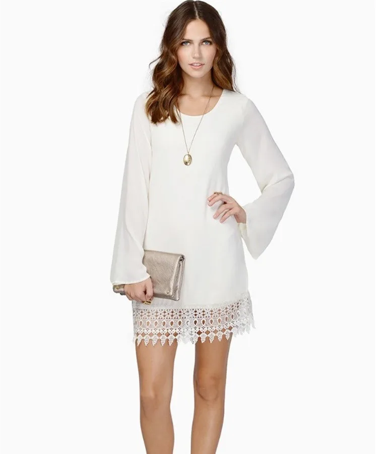 2018 spring and autumn ladies dress solid color lace loose Large code long sleeve Size: S M L XL XXL | Женская одежда