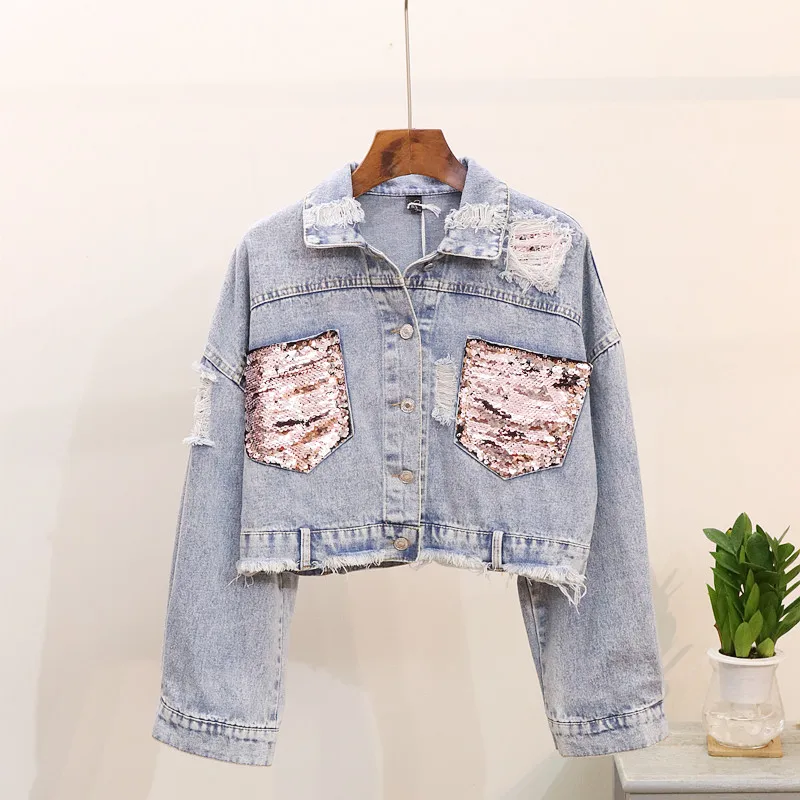 Новая повседневная Осенняя женская джинсовая модная короткая куртка с дырками