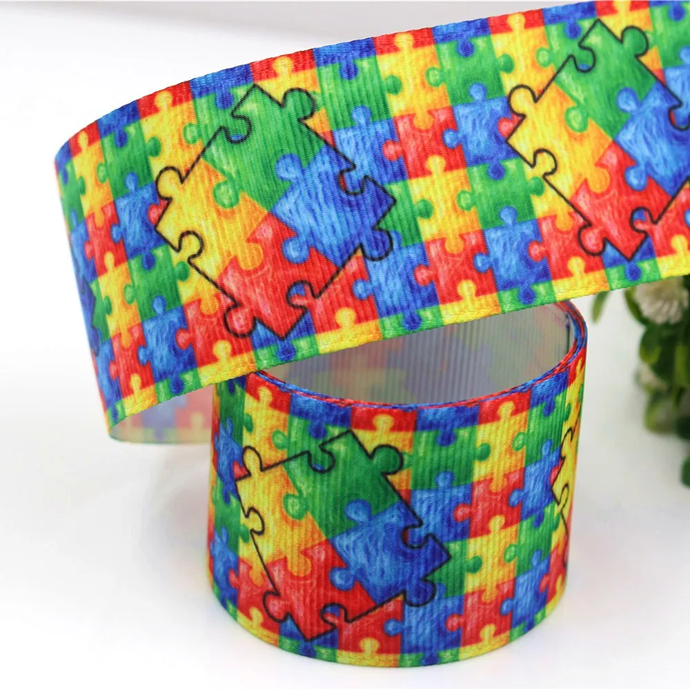 100Yards DHL free shipping 38mm Puzzle pieces satin ribbon Autism Awareness Printed Satin Ribbon Jigsaw |