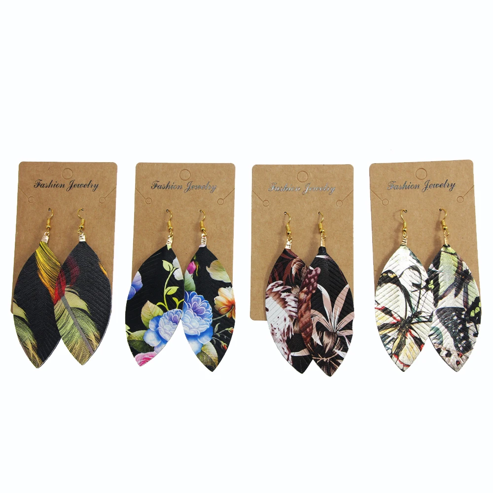Tribal Leather Feather Leaf Print Earrings | Antique Look | Various Colors | Boho Dangle Earrings image 3