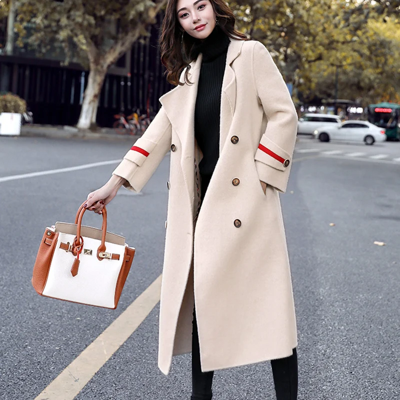 Smoky blue Double-breasted woolen coat female long section 2019 new spring autumn popular Hepburn wind z34 | Женская одежда