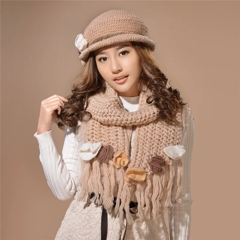beige Charles Perra женские наборы шарф шапка зимние утепленные шерстяные вязанные шапки Повседневная мода чистый ручной работы из шерстяной ткани шапки бини 6580 - Цвет: beige