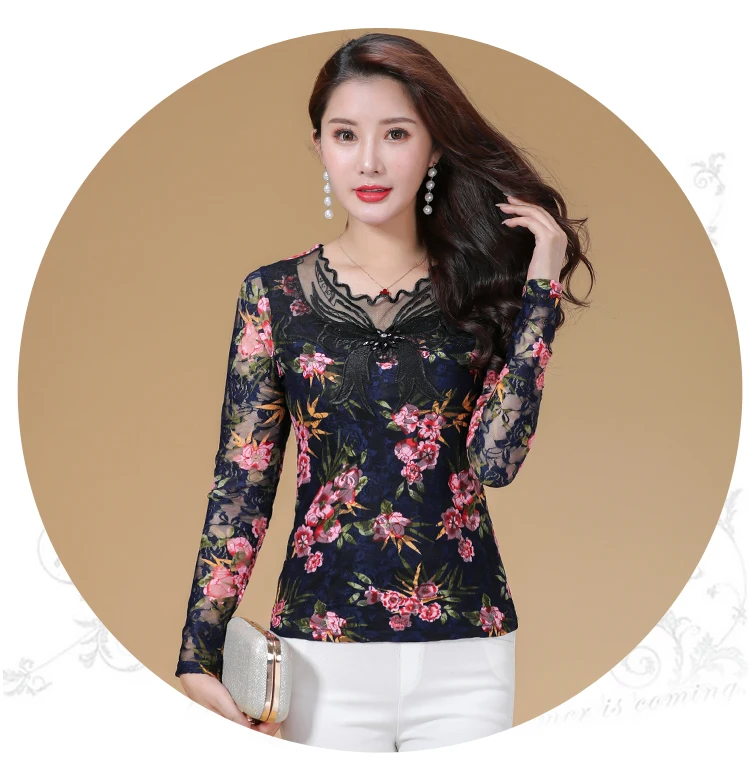 Blusas mujer de moda, кружевная блузка с низким воротником, рубашка с длинным рукавом, Женские топы и блузки, Повседневная облегающая одежда 1453 45