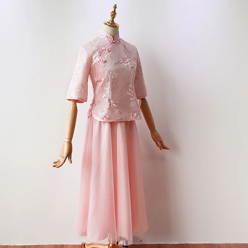 Осеннее винтажное платье размера плюс Vestidos, розовые, синие вечерние платья с рукавом три четверти и вышивкой в китайском стиле, рождественское платье