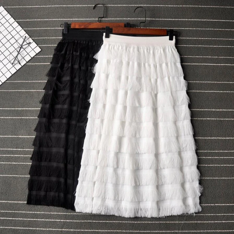 Tulle Tutu Skirts Women Summer Elastic elegant Ladies Midi Skirt A-Line cake Mesh Voile skrits tassel Retro Vintage female LY100 | Женская