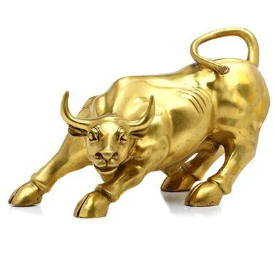 

Golden Brass Charging Stock Market Figurine Wall Street Bull Ox Statue Feng Shui Scuplture Office Vintage Home Decor