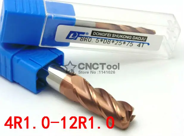 

1PCS 4R1.0-12R1.0*100L Titanium yellow 4 flutes Cemented Carbide Corner Radius endmill CNC router bit milling cutter tool