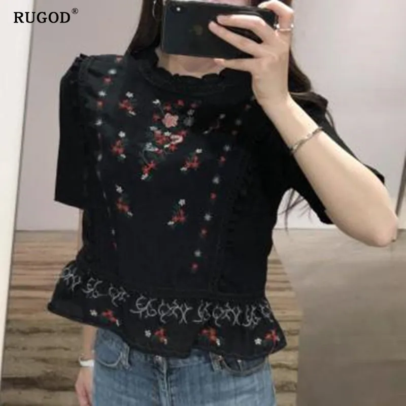 RUGOD Цветочная вышивка женские топы и блузки с круглым вырезом Модная Повседневная Блузка женские корейские женские топы