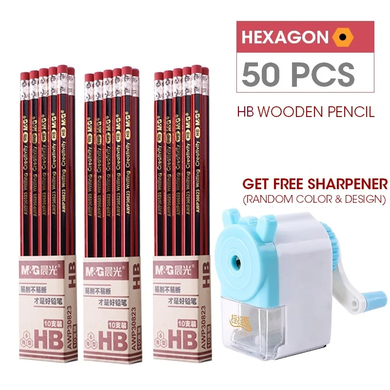 50pcs HB Red M& G HB 2B 2H деревянный карандаш с бонусной точилкой шестигранный деревянный свинцовый графитовый карандаш с ластиком для школьных канцелярских принадлежностей - Цвет: 50pcs HB Red