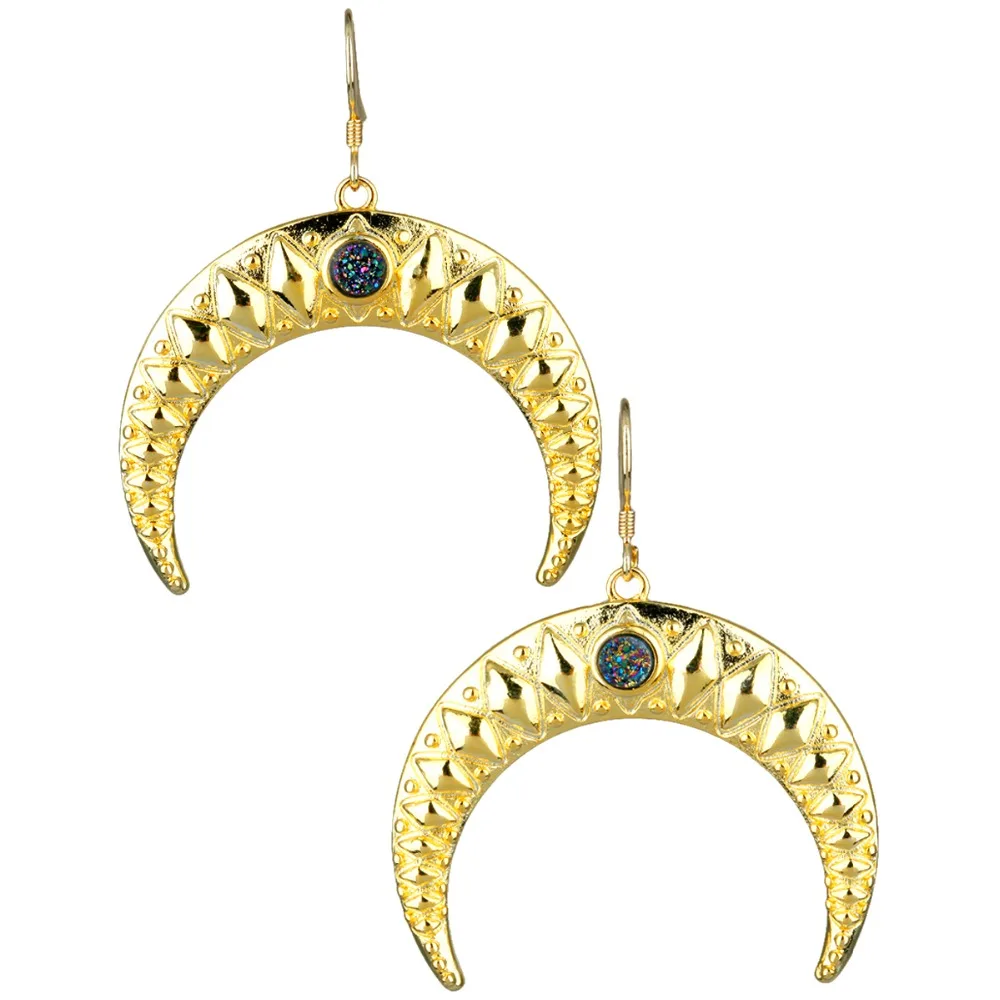 

TUMBEELLUWA Women's Titanium Coated Druzy Horn Shape Crescent Moon Dangle Earrings Jewelry Gift