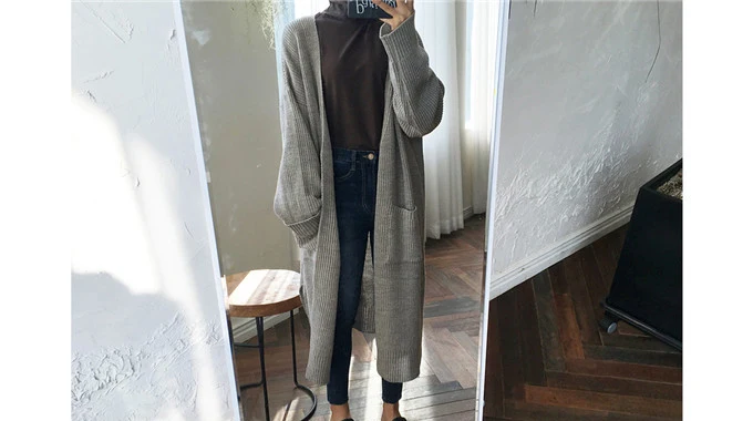 Winter Spring Fashion Casual Clothing Ladies Sweater Long Knit Sweater Women Large Full Sleeve Coat Black Solid Cardigan