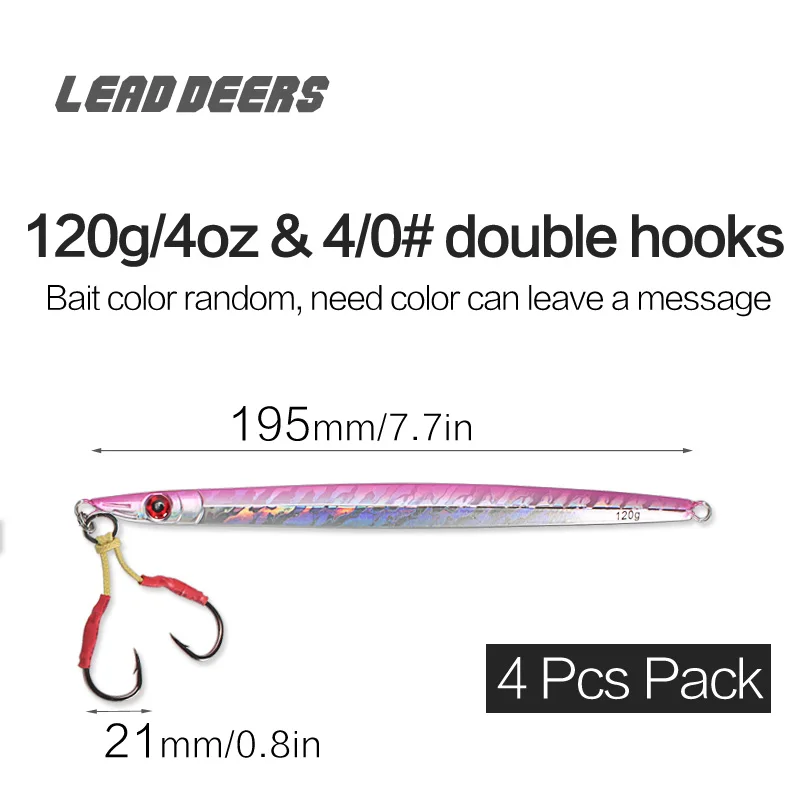120g 2 hooks x 4Pcs Leaddeers, высокое качество, приманка, свинцовая рыба, металлические приспособления 120, 160, 200 г, 4 цвета, приманка для морской рыбалки, Deepsea, железная пластина, приманка - Цвет: 120g 2 hooks x 4Pcs