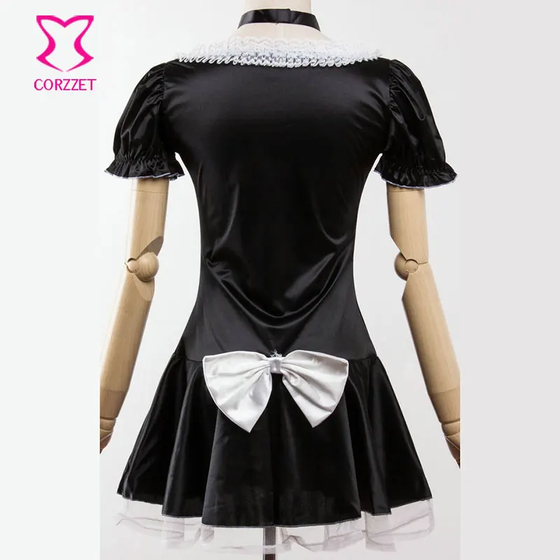 

S-6XL Black Satin And White Lace Fancy Mini French Maid Dress Cosplay Sexy Maid Costume Plus Size Halloween Costumes for Women