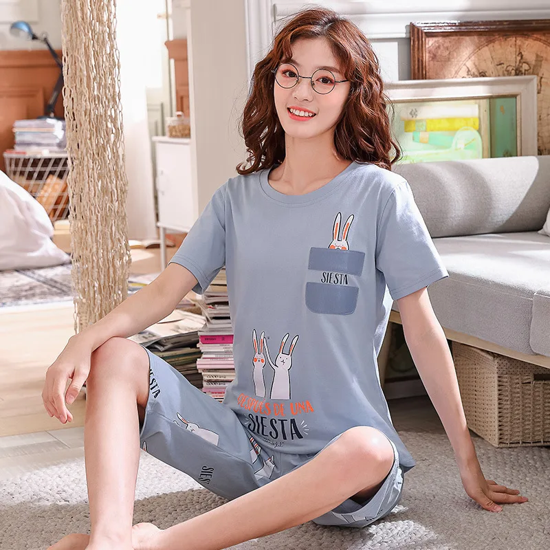 Jimiko women Pyjama short-sleeved T-shirt shorts 2 pcs set pajamas cartoon rabbit print Sleep Lounge Pajama mujer summera | Женская