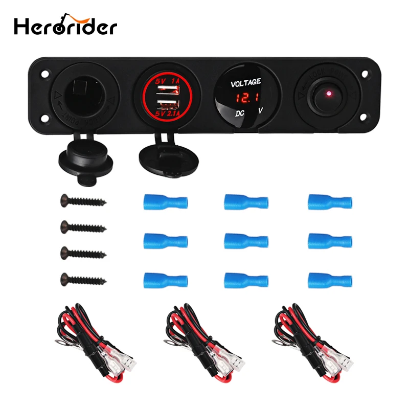 

Herorider 4 Hole Panel Base Dual USB Voltmeter Meter Power Socket Cigarette Lighter Switch Car Truck Boat Accessory Switch Panel