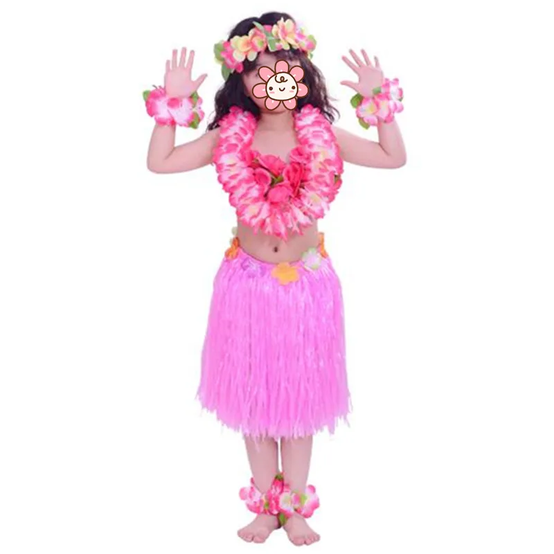 Hawaii Flower Lei, повязка на голову, ожерелье с гирляндой хула, повязка на ногу, юбка с травой, бюстгальтер, детский летний праздничный костюм для девочек